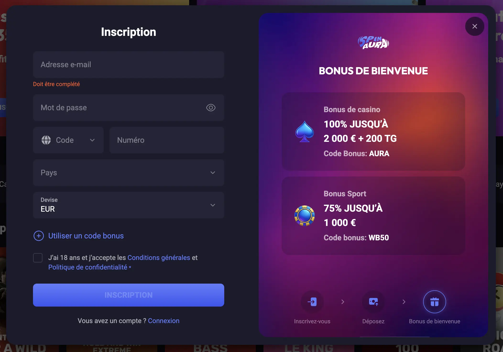 Inscription au SpinAura Casino